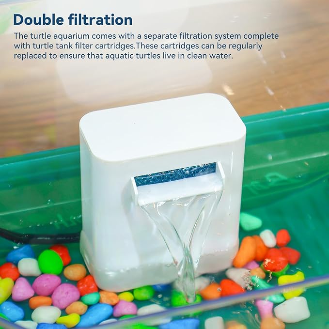 Aquatic Turtle Tank Habitat Kit Stone+Filter+Heat Lamp Enhancing Interaction with 360° Viewing, Standalone Filtration, DIY Creative Zone, Enriched Living (Green, Medium[with Light])-PawvioPets