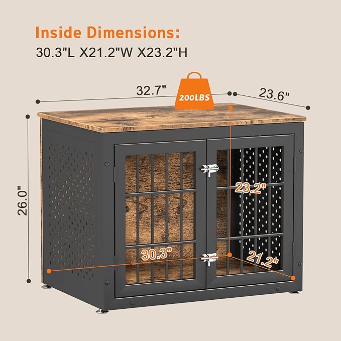 32" Heavy Duty Dog Crate Furniture for Small and Medium Dogs, Metal Kennel for High Anxiety Dogs, Chew Proof Pet Cage Indoor, Decorative Dog Kennel End Table-PawvioPets