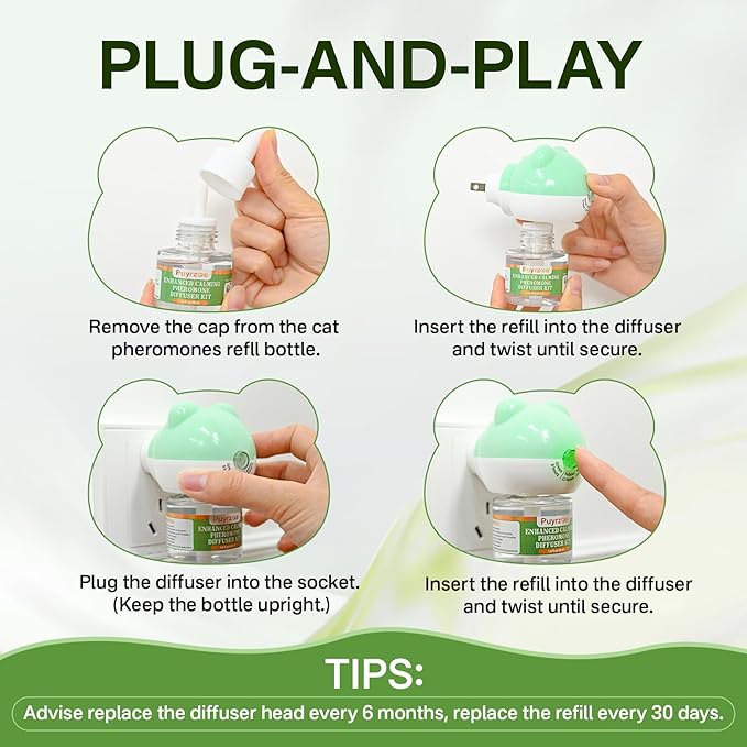 Cat Calming Diffuser with Three Timing Functions, 3-in-1 Cat Pheromones Calming Diffuser Kit, 60-Day Anxiety Relief, Stress Reduction & Relaxation for All Cats (1 Diffuser + 2 Refills)-PawvioPets