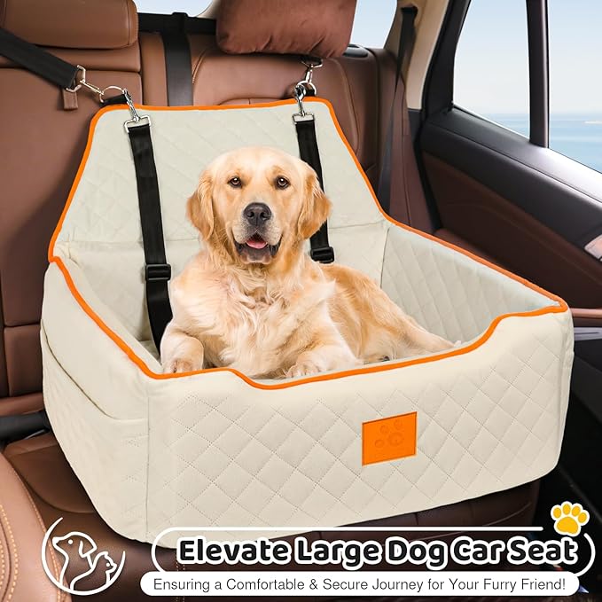 Dog Car Seat for Large/Medium Dog, Booster Seat Under 55Lbs or 2 Small Dogs, Detachable and Washable Travel Pet Seat with Thick Cushion and Storage Pockets (Beige)-PawvioPets