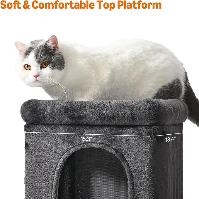 Amazon Basics 30 inch 2 Story Condo Cat Tree with Scratching Posts for Indoor Cats up to 16 lbs, Activity Center with Cozy Perch, Replaceable Hanging Pompom, Dark Gray-PawvioPets