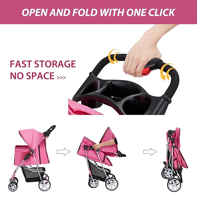 4 Wheels Pet Stroller for Small Medium Dogs Cats 10-33 lbs, Foldable Dog and Cat Stroller with Cup Holder & Storage Basket & Breathable Mesh, Pet Strolling Cart for All-Season, Pink-PawvioPets