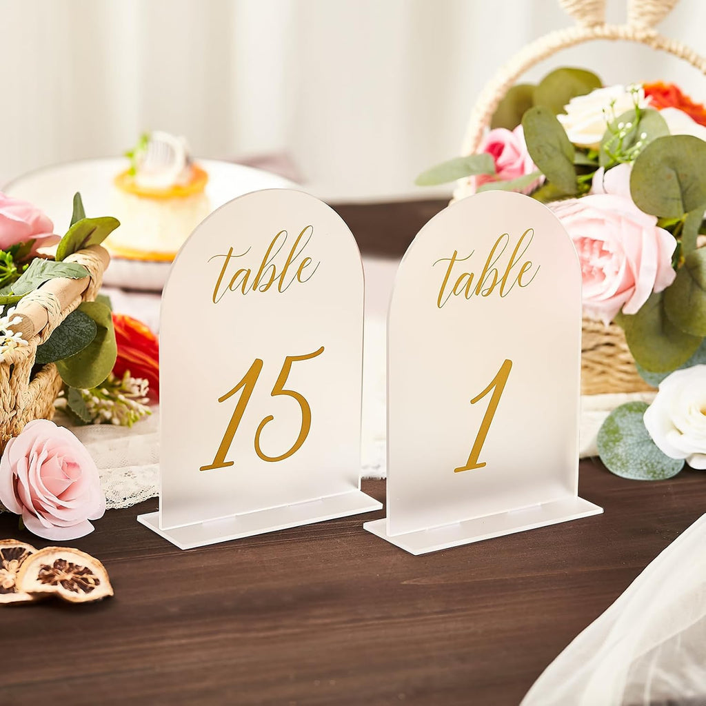 SHINVALE Arch Acrylic Wedding Table Numbers 1-15 with Gold Foil Font – Frosted Finish, Elegant Modern Design with Stands, Easy Assembly Table Signs for Weddings, Parties & Events