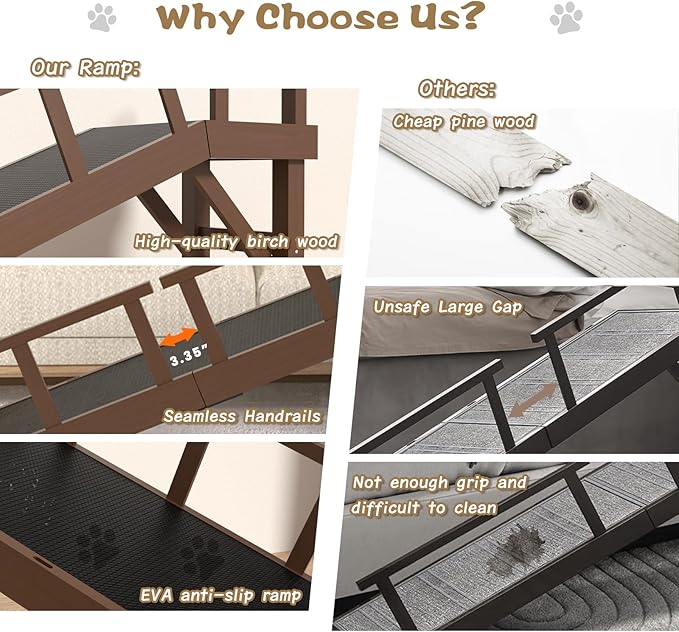 73" Dog Ramp for Bed, Pet Ramp with Removable Side Rail and Non-Slip Surface, Pet Ramp for Small & Large & Senior Dogs with Rest Platform and DIY Glow Strips,Dog Stairs for Couch, Brown-PawvioPets
