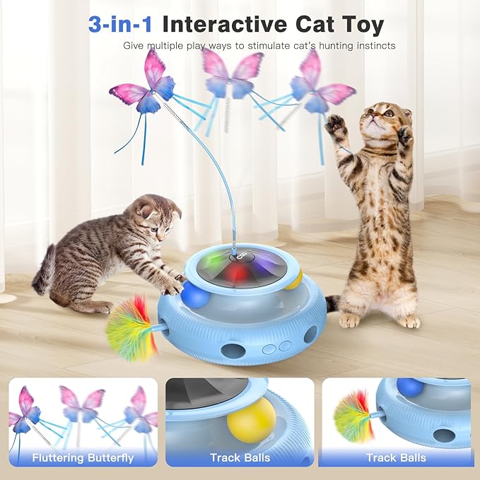 Automatic Interactive Cat Toys for Indoor Cats & Bored Adults - Kitten Toys with Fluttering Butterfly, Ambush Feather & Track Balls - Exercise & Stimulation for Playful Cats (Sky Blue)-PawvioPets