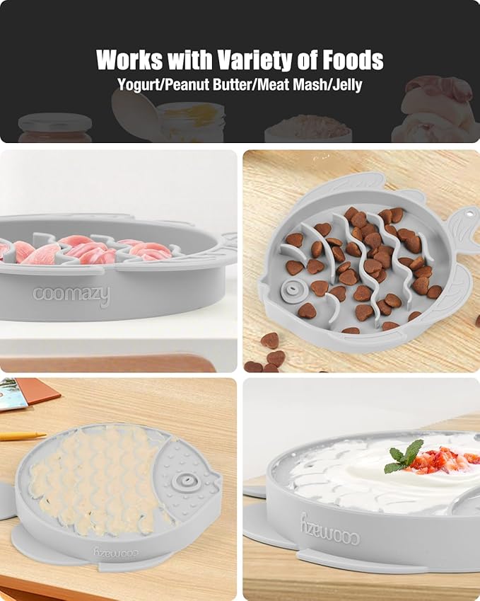 Coomazy 2-in-1 Silicone Slow Feeder Dog Cat Bowls, Interactive Puzzle Toy for Pets Dry/Wet Food Training, Keeps Dogs Cats Busy, Prevents Puppy Kitty Overeating (Smoky Gray, 1.2 Cup)-PawvioPets