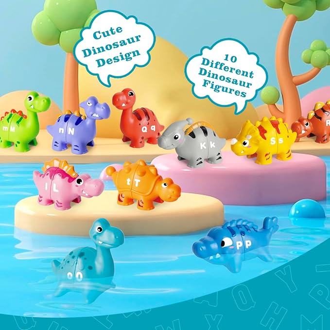 52 PCS Dinosaur Alphabet Learning Toys for Toddlers Kids 3-5, 10 Different Dinosaur Figures, Double Sided ABC Matching Game, Preschool Activities Montessori Fine Motor Toys for Toddlers Kids-PawvioPets