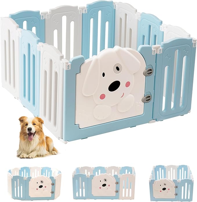 Foldable Dog Play Pen Indoors, Non-Slip Sturdy Puppy Playpen with Door, 25.5" H 10-Panel Adjustable Shape Dog Fence Pen for Small/Medium Dogs, Thickened, Easy to Store-PawvioPets