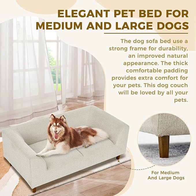 Dog Sofa Couch for Medium to Large Dogs, Memory Foam Dog Sofa Bed, Modern Elevated Pet Couch Bed with Wooden Legs for Medium and Large Dogs, Dark Beige-PawvioPets