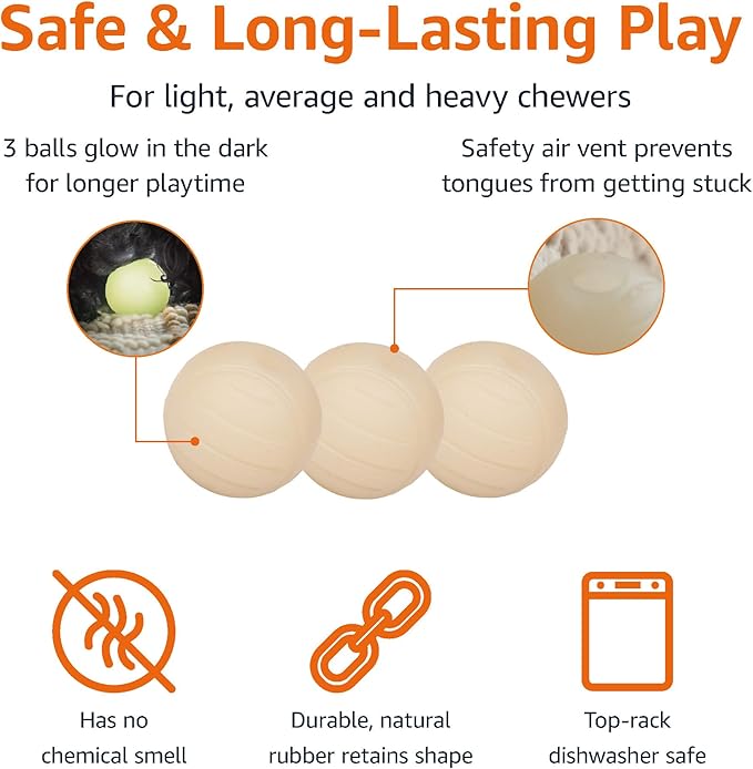 Amazon Basics Dog Toys, Interactive Glow Rubber Balls, (Pack of 3), 2.5 inch, Beige-PawvioPets