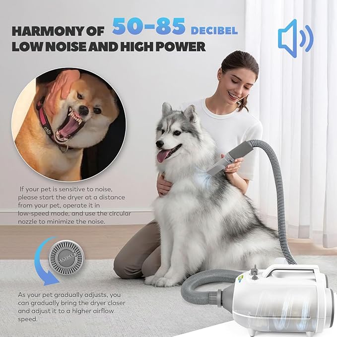Dog Dryer for Pet Grooming Professional, 6HP/3500W High Velocity Blow Dryer for Dogs, Dual Motor Pet Dryer, Adjustable Temperature 95-125℉ & Airflow 0-90 M/S, 2.5-7.5 FT Hose with 4 Nozzles-PawvioPets