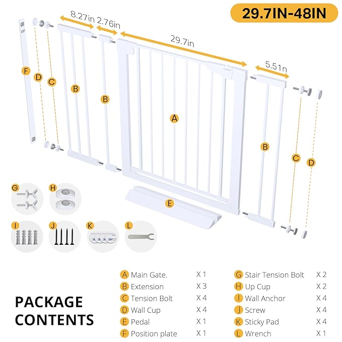 Cumbor 29.7-48" Baby Gate for Stairs, Mom's Choice Awards Winner-Dog Gates for Doorways, Auto Close Safety Pet Gate for Dogs Indoor, Easy Install Pressure Mounted Child Gate with Walk Thru Door, White-PawvioPets