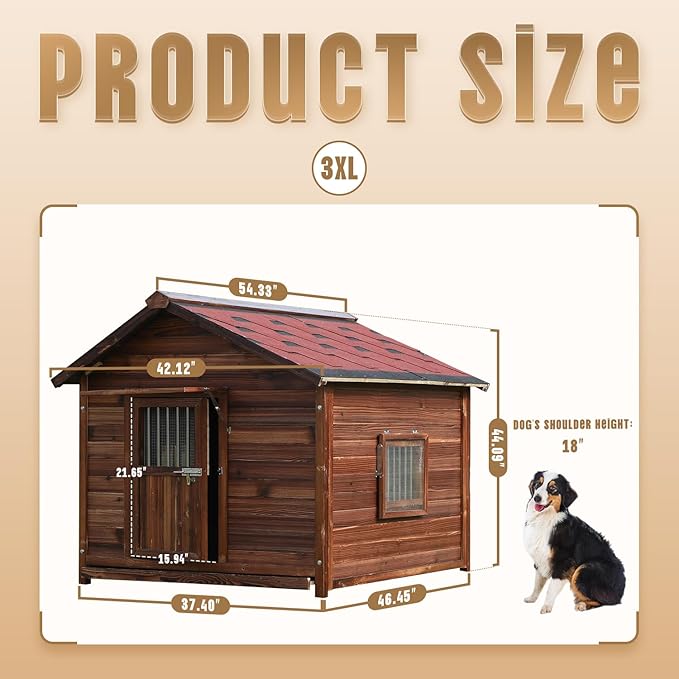 Extra Large Dog House Outdoor Made of Solid Pine Wood, Warm Doghouse, Dog House with Elevated Floor for Large Dogs, (Wood, 3XL)-PawvioPets