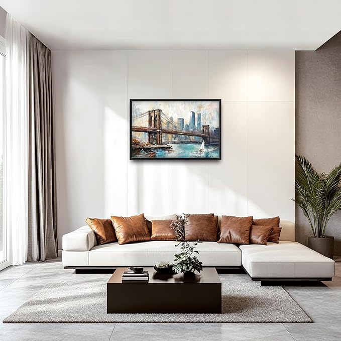 Extra Large Framed Brooklyn Bridge Wall Art,New York City Wall Decor,Abstract Skyline Cityscape Pictures for Living Room,Canvas Print Painting Modern Artwork Bedroom Office Bathroom 36L x24W-PawvioPets