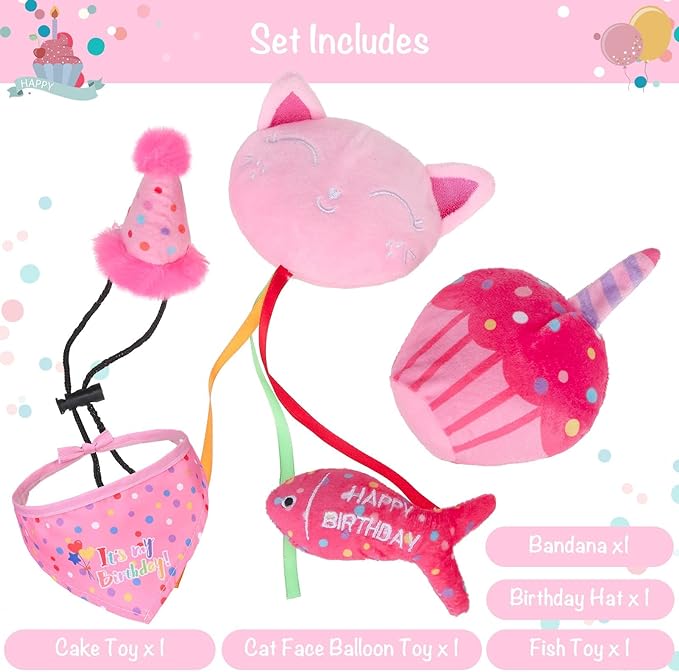 BINGPET Catnip Toys for Indoor Cats, Cat Birthday Hat and Interactive Plush Kitten Chew Toys - Cute Cake, Fish, Balloon Toys with Crinkle Paper and Catnip Inside Pink-PawvioPets