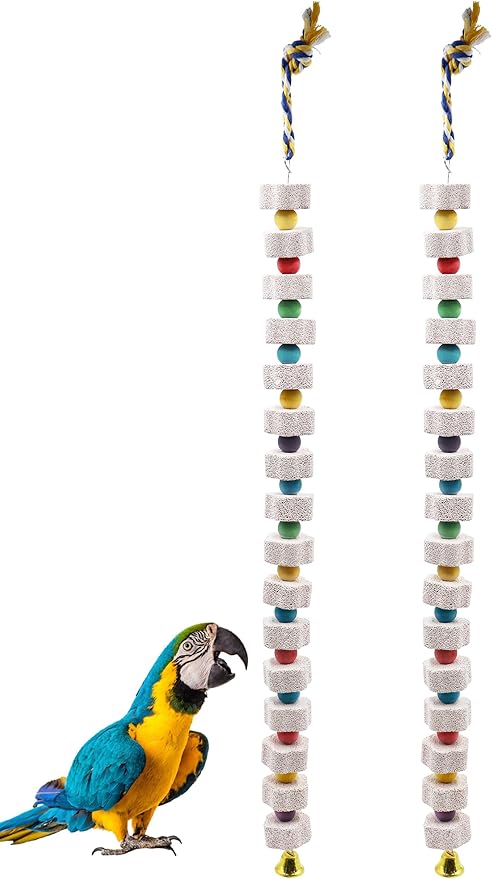 2 Pack 27 Inches Extra Long Bird Chewing Toy, Parrot Beak Grinding Calcium Stone with Bells, Bird Cage Accessories, Cage Toys for Cockatiel Parakeet Parrot Budgies Rat Hamster Rabbit African Grey-PawvioPets