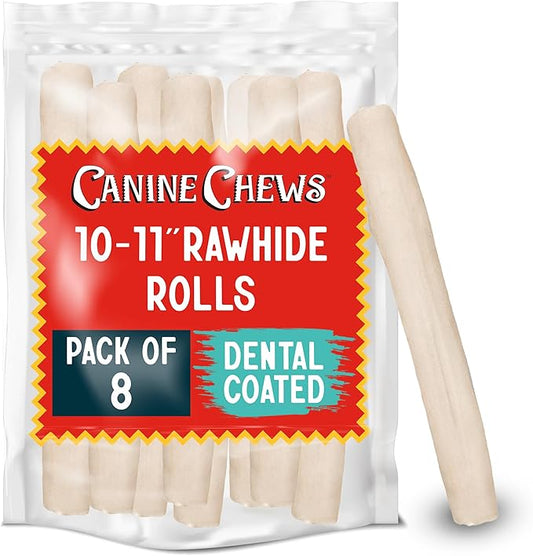 Canine Chews 10-11" Dental Coated Jumbo Rawhide Retriever Rolls (8 Pack) - Breath Freshening & Long Lasting Dental Chews for Dogs Large Size - Teeth Cleaning Dog Treats for Aggressive Chewers-PawvioPets