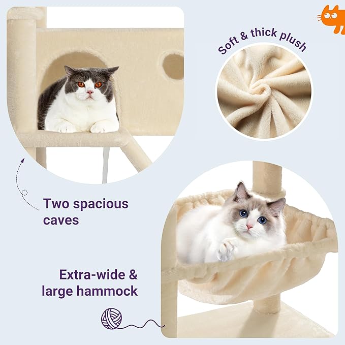 Allewie 81 Inches Tall Cat Tree/Multi-Level Large Climbing Tree House and Towers for Big Feline/Condo and Hammock/Scratching Post/Wide Base/Beige-PawvioPets