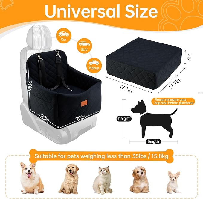 Dog Car Seats for Small Dogs, FurFrolic Memory Foam Dog Booster Seat for Small/Medium Dogs up to 35 lbs, Travel Pet Car Seat with Washable Detachable Cover, Storage Pockets, 2 Safety Belts (Black)-PawvioPets