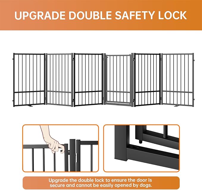 Full Metal Freestanding Dog Gate with Door, 32''Height Foldable Pet Dog Fence for Indoor & Outdoor, 6 Panels Extra Wide Free Standing TallDog Gates for Doorways,House,Stairs,Porch,Deck,Yard-PawvioPets