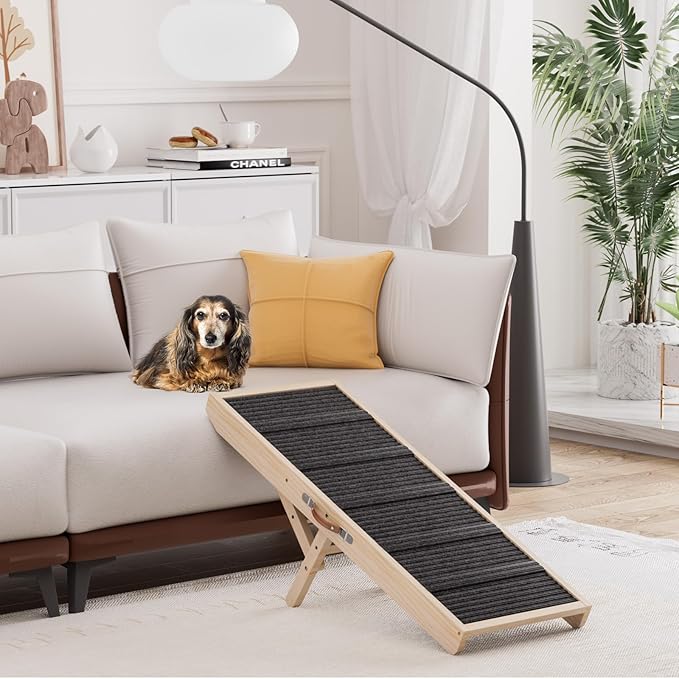 Dog Ramp for Couch, Wooden Pet Ramps 39.37" Long Adjustable 11"-20.47" Folding Puppy Ramps with High Traction Mat, Dog Stairs for Small & Medium Older Dogs & Cats, up to 150lbs-PawvioPets