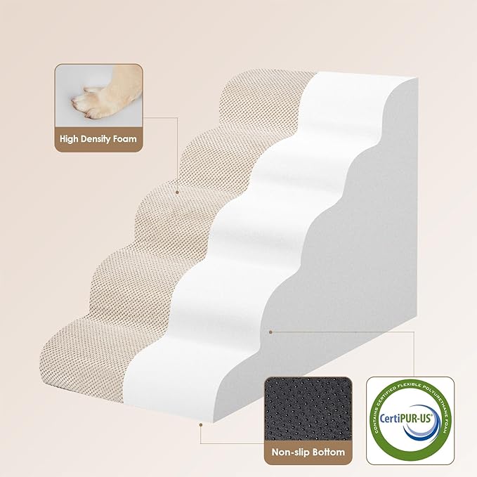 EHEYCIGA Curved Dog Stairs Ramp for High Beds, 5-Step Extra Wide Dog Steps for Small Dogs and Cats, Pet Stairs for High Bed Climbing, Non-Slip Balanced Pet Step Indoor, Beige-PawvioPets