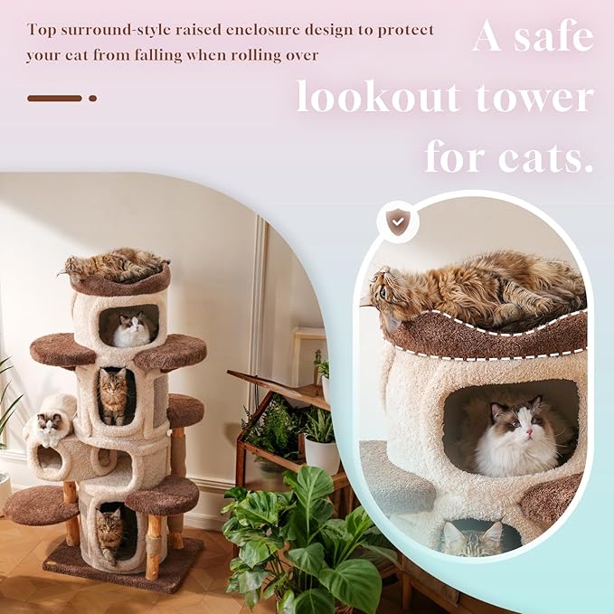 70" Heavy Duty Cat Tree for Large Cats with Toys, All-in-One Cat Tower with Cat Perch, Tall Cat Tower with Scratching Post, Brown Modern Cat House-PawvioPets