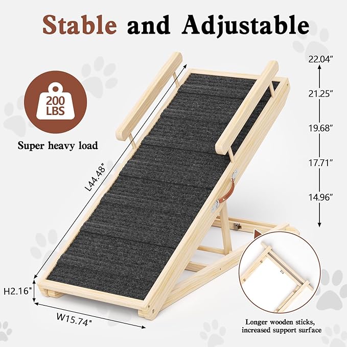 Dog Ramp for Bed, Couch, Car, Folding Pet Ramps 44.48" Long Adjustable 15"-22" Wooden Stairs with High Traction Mat & Safety Side Rails for Small & Medium Old Dogs & Cats, up to 200 lbs-PawvioPets