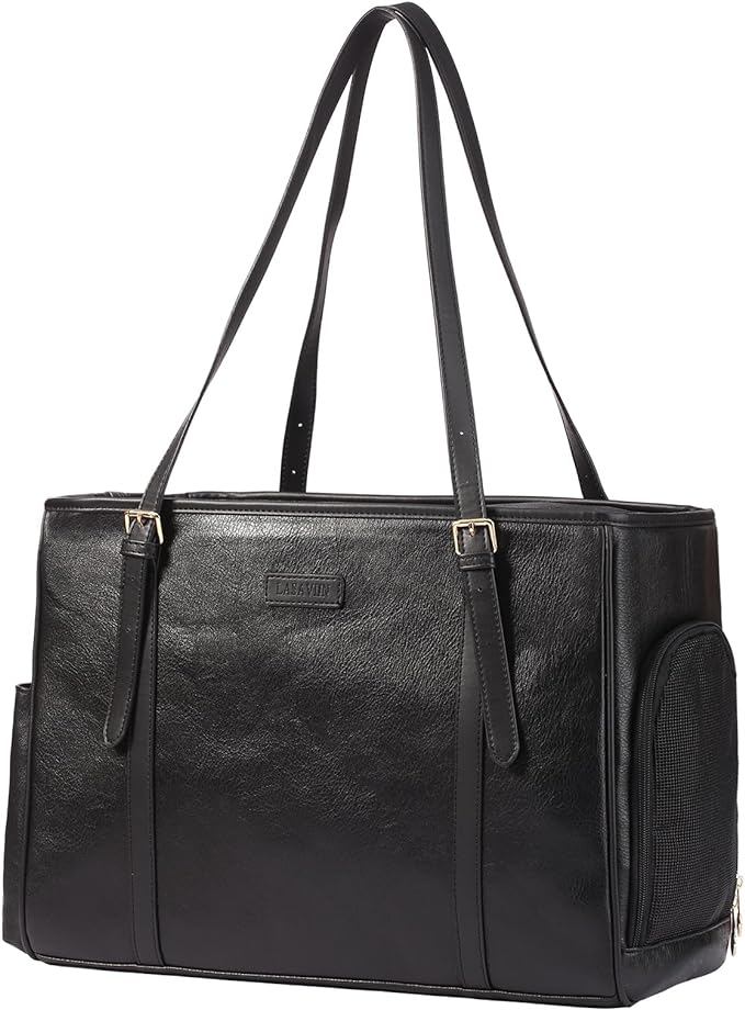 Fashion Dog Purse Pet Carrier Leather Bag for Small Dogs Cats Puppy, Portable Tote Bag Airline Approved Soft-Sided Carriers (Black)-PawvioPets