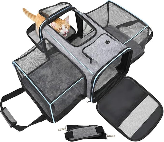 Expandable Travel Pet Bag, Scratch-Resistant Breathable Mesh, Crossbody&Tote Design, Durable&Spacious, Pet Carrier with High-Visibility Windows, Easy-Cleaning Fabric, Removable Soft Pad&Shoulder Strap-PawvioPets