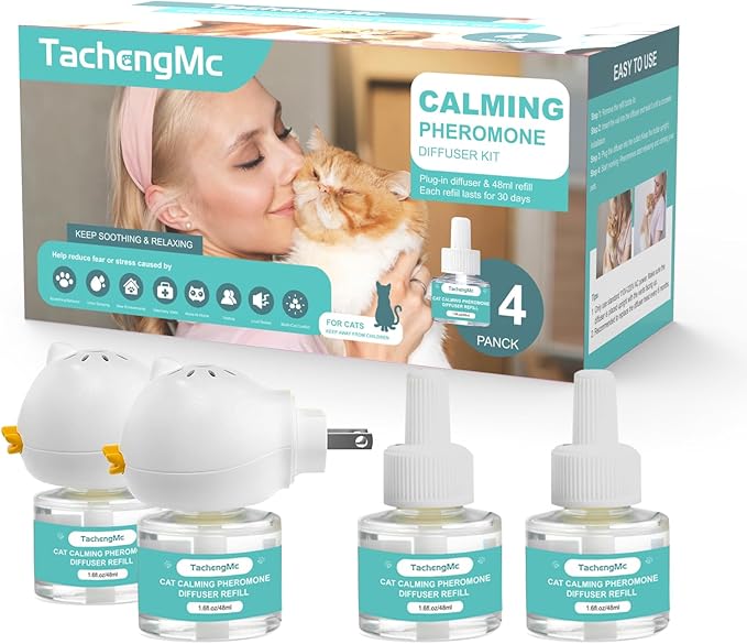 Cat Calming Diffuser, Cat Pheromones Calming Diffuser with 2 Diffuser + 4 Refill 48ml, 6-in-1 Cat Anxiety Relief Cat Pheromone Diffuser Kit 120 Days, Pheromone Diffuser to Calm Cats-PawvioPets