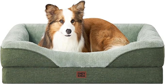 EHEYCIGA Memory Foam Dog Bed for Medium Size, Orthopedic Dog Sofa with Sides and Waterproof Liner, Washable Bolster Pet Couch with Removable Cover, 35x22x6.5 Inch, Green-PawvioPets