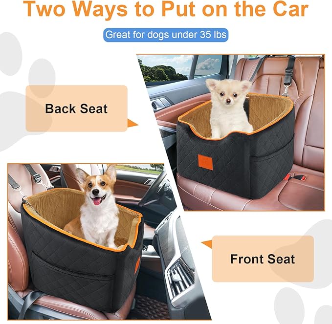 Dog Car Seat for Small Dogs, Memory Foam Booster Dog Seat for Dogs up to 35 lbs, Elevated Pet Car Seat with Washable Removable Cover, Storage Pockets-PawvioPets