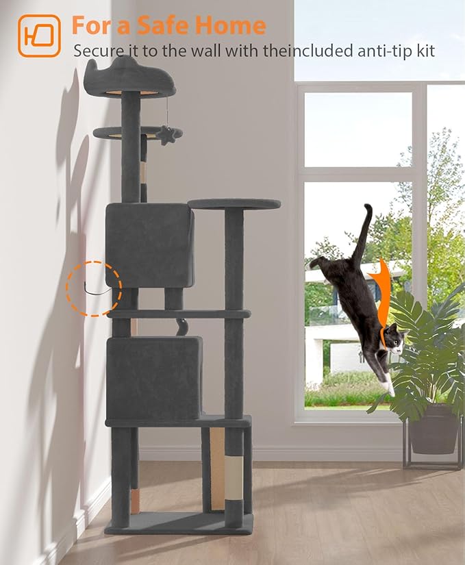 77'' Cat Tree Tower for Indoor Cats Large Adult, Cute/Tall Modern Cat Tree for Big Cats 20 lbs, Plush Multi-Level Cat Condo with Scratching Posts, Dangling Ball (Smoky Gray, 77 inch)-PawvioPets
