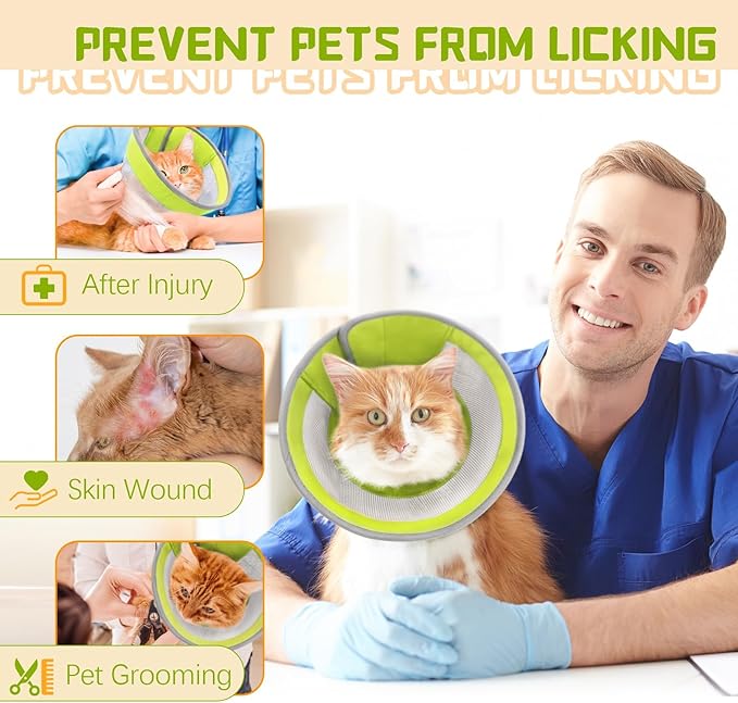 Breathable Air Mesh Cat Cone Collar Soft - Adjustable Recovery Collar to Stop Licking After Surgery, Foldable Lightweight E-Collar for Cats & Kittens (Green,S)-PawvioPets