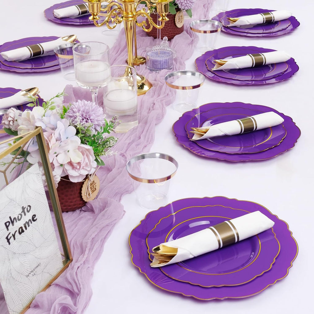 Liacere 350PCS Purple Plastic Plates-Disposable Purple and Gold Plates 50 guest Baroque Plastic Dinnerware include 100Plates,50Pack Pre Rolled Napkins with Silverware 50Cups for Halloween