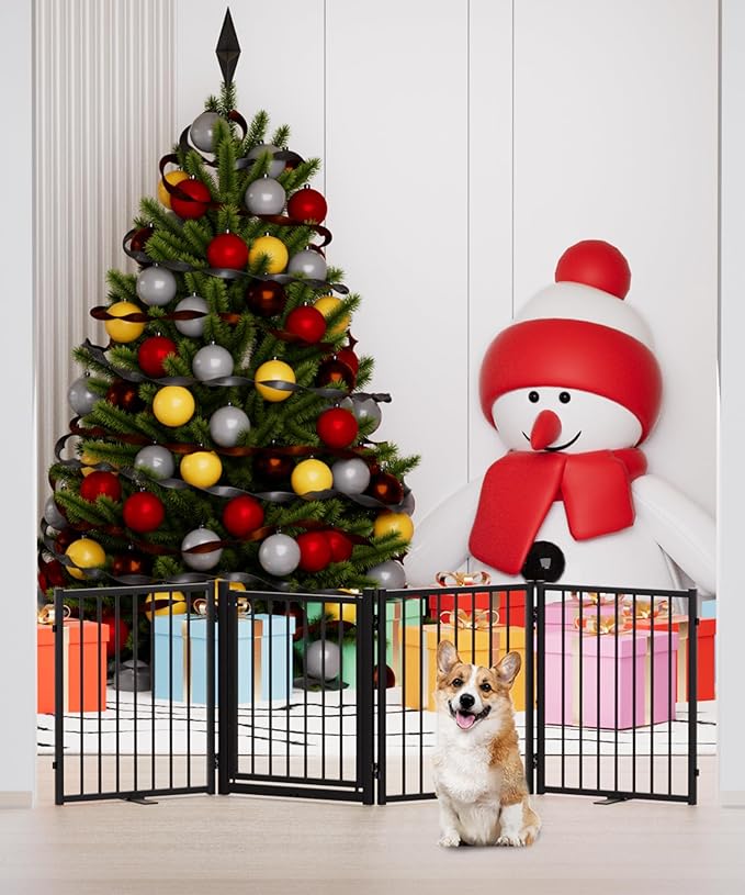 Full Metal Freestanding Dog Gate with Door, 24'' Height Foldable Pet Dog Fence for Indoor & Outdoor, 4 Panels Extra Wide Free Standing SmallDog Gates for Doorways,House,Stairs,Porch,Deck,Yard-PawvioPets