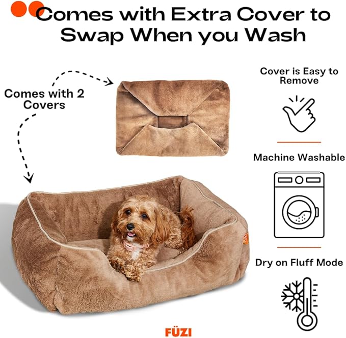 FUZI Luxury Dog Bed with Extra Cover for Small Dogs, Washable Pet Couch, Pet Bed with Sides, Non-Slip Bottom, Soft & Durable Calming Dog Bed, Faux Rabbit Fur, Small 25.1x16.75x9.5 Light Brown-PawvioPets