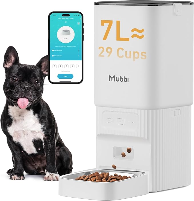 7L/29 Cups Automatic Dog Feeder, 5G WiFi Auto Cat Feeder with Desiccant Bag, Cat Food Dispenser, App Remote Feeding, Stainless Steel Bowl, Dual Power Supply, Ideal for 2-15mm Dry Food-PawvioPets
