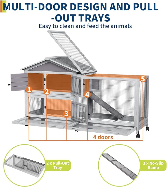 2-Tier Rabbit & Chicken House Mobile,Wooden Chicken Coop & Bunny Cage with Non-Slip Ramp, 4 Doors,Waterproof Roof & Pull-Out Tray,Outdoor/Indoor Pet Cage Movable-PawvioPets