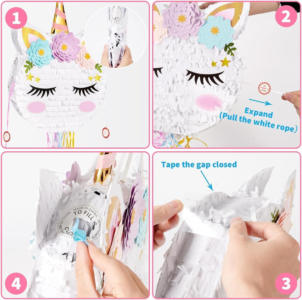 Foldable Unicorn Piñata - Unicorn Birthday Party Supplies Extendable Piñata with Blindfold Bat and Tassels Unicorn Birthday Party Decoration Games Folding Pink Unicorn Piñatas for Kids Classroom Game
