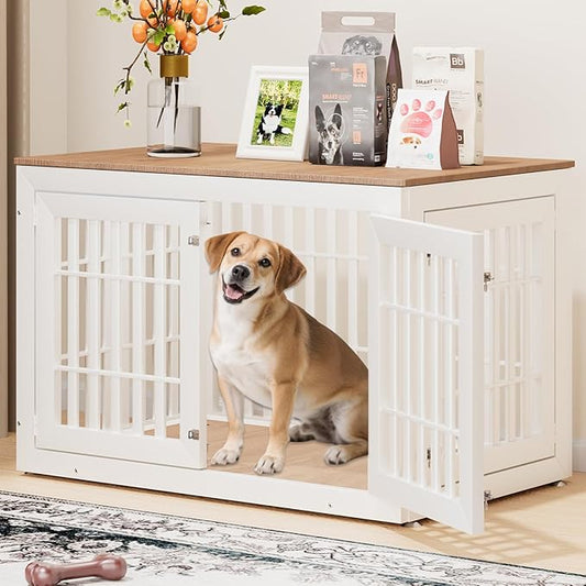 48" Heavy Duty Dog Crate Furniture for Small,Medium and Large Dogs,Rustic Wooden Dog Cage Kennel Indoor Furniture with Waterproof Top,Decorative Pet House Side End Table (White & Wood)-PawvioPets