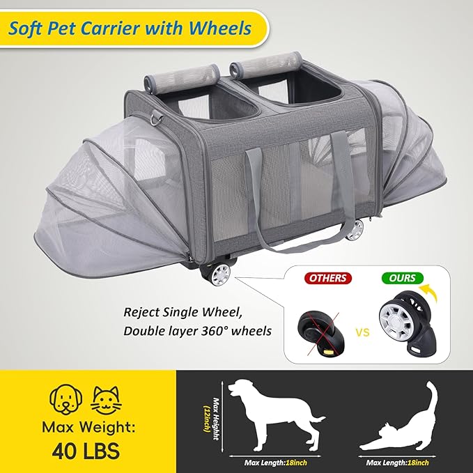 Expandable Pet Carrier with Wheels, Double Cat Dog Carrier 21"x 17"x 16" up to 40 Lbs, Rolling Pet Carrier for Cats and Dogs, Extra Large Pet Travel Carrier, Ideal for Outdoor/Travel-PawvioPets