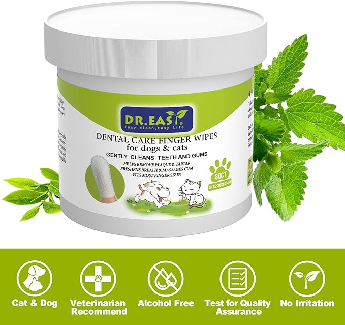 DR.EASY Breath Freshener Dental Finger Wipes 80ct for Dog & Cat, Help Wipe Away Plaque&Tartar, No Added Harsh Chemicals No Brush Formula-PawvioPets