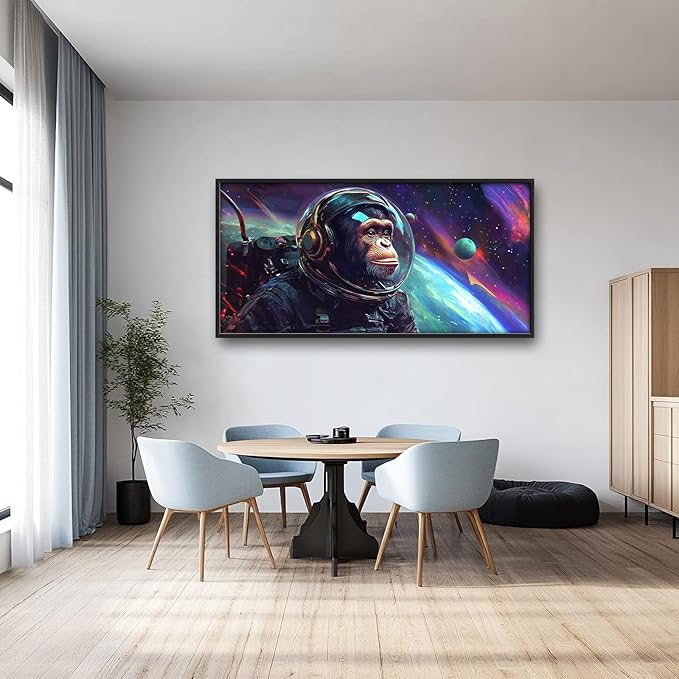 Framed Large Monkey Astronaut Wall Art, Oversized Chimpanzee Spacemen Wall Decor for Living Room, Outer Space Canvas Painting Pictures Modern Artwork for Living Room Bedroom Office 60"x30"-PawvioPets