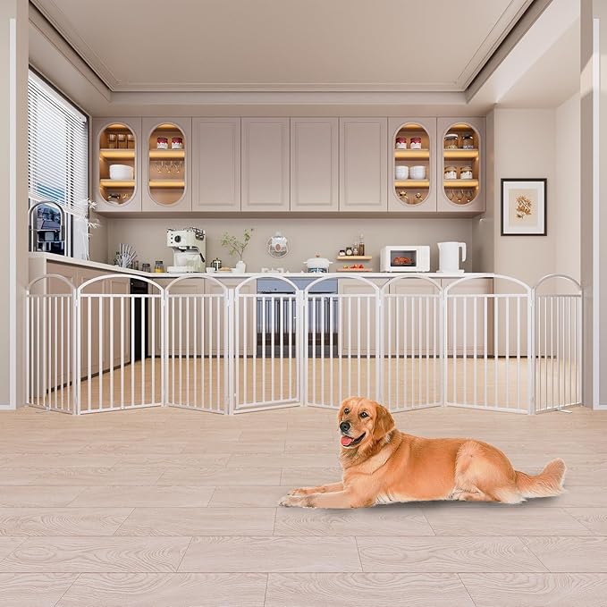 8 Panles Full Matel Freestanding Dog Gates with Door, 192"Extra Wide 36"Tall Free Standing Dog Pet Gate for Indoor & Outdoor. Foldable Pet Fences for Doorways, House, Stairs, Porch, Deck, Yard-PawvioPets