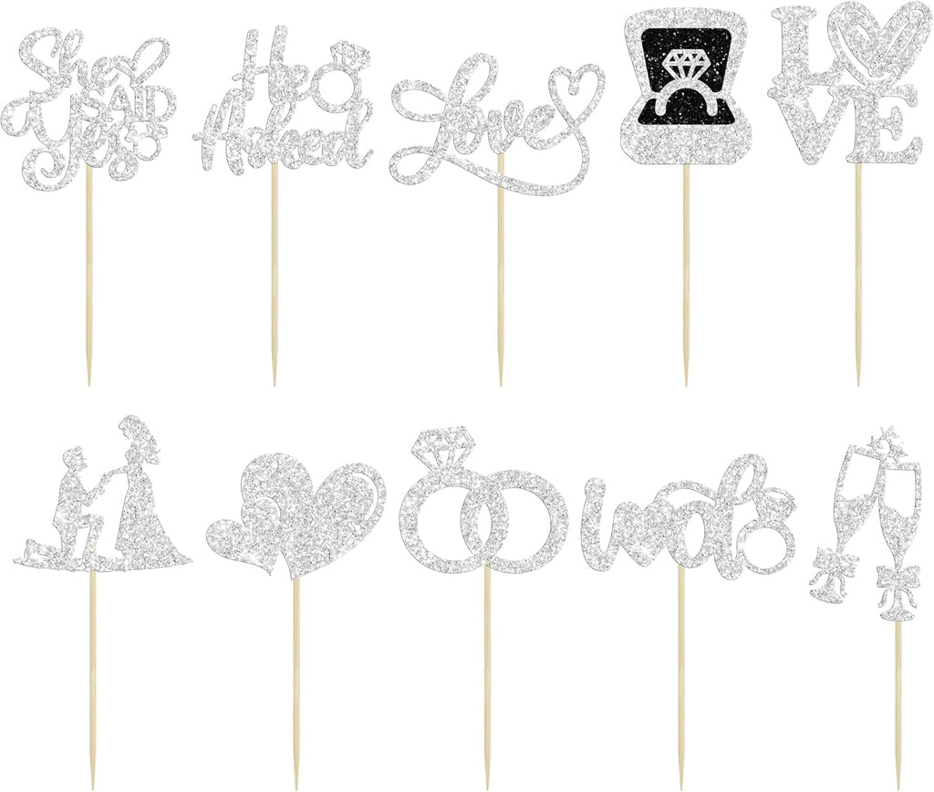 Ephlyn 30Pcs He Asked She Said Yes Cupcake Toppers Glitter Engagement Cupcake Toppers Diamond Ring Heart Love I Do Cupcake Picks for Engagement Wedding Party Cake Decorations Silver