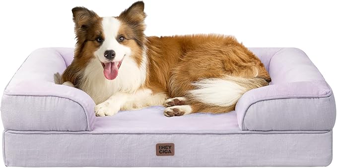 EHEYCIGA Orthopedic Dog Beds for Large Dogs, Waterproof Memory Foam Large Dog Bed with Sides, Non-Slip Bottom and Egg-Crate Foam Pet Couch Bed with Washable Removable Cover, Lilac-PawvioPets