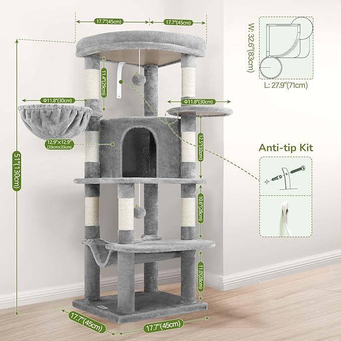 Globlazer Corner Cat Tree Tower for Indoor Cats, 51in Multi-Level Cat Condo Tower with Large Hammock, 7 Sisal Scratching Posts, Oversized Top Perch, Spacious Cat Cave, Hanging Basket, C51, Light Gray-PawvioPets