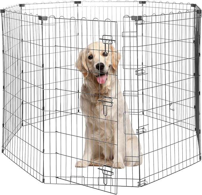 Foldable Dog Playpen 42" Height 8 Panels Metal Exercise Pen with Door - Indoor/Outdoor Dog Play Pen for Medium-Large Dogs, Portable Pet Fence for Yard Garden Camping, Black-PawvioPets